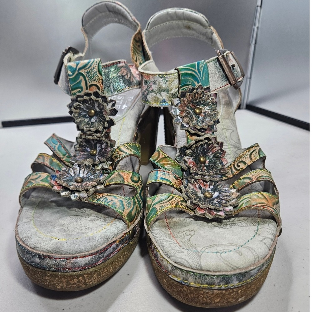 L' Artiste 38 Leather Green Floral Platform Sandals Chunky Heel Ankle Strap #368 - Picture 4 of 8